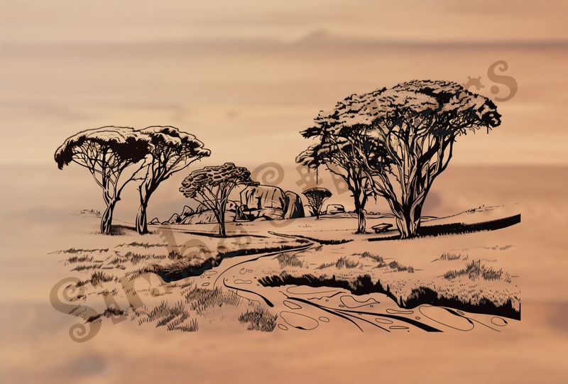 African Savanna landscape, stream in foreground, outline art