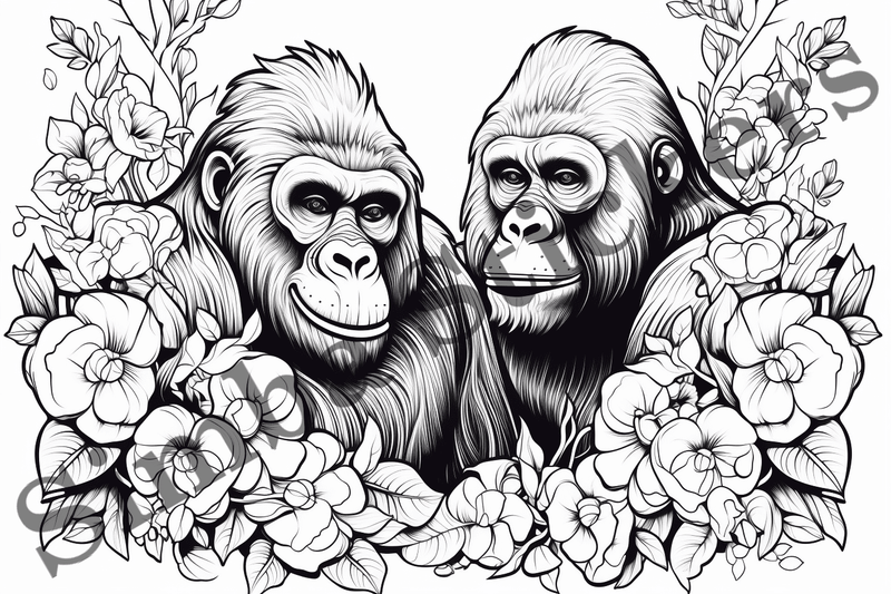 Colouring pages, bundle of gorillas in love, 10 images