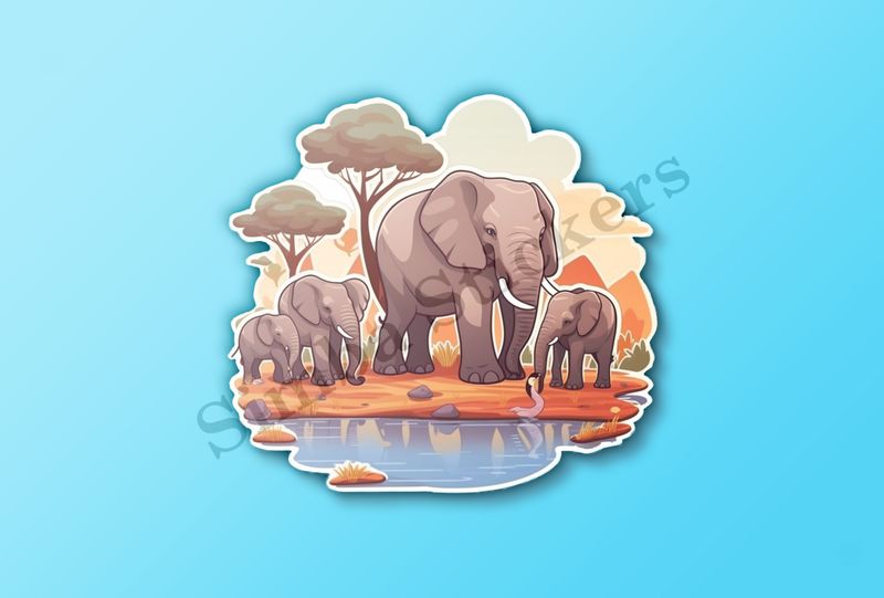 African elephant family at a pond in the Savanna