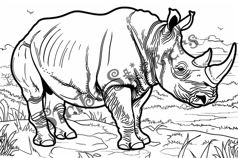 Colouring pages, bundle of singular rhinos, 10 images