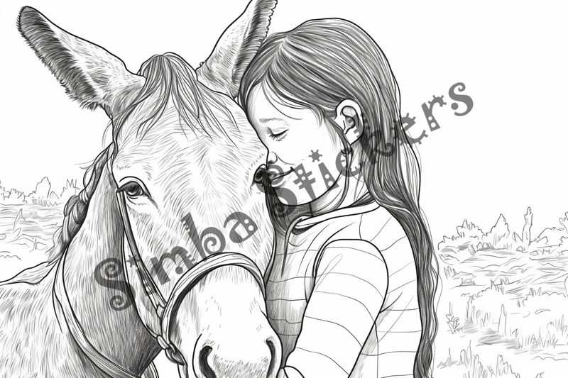 Colouring pages, bundle of mules with children, 10 images