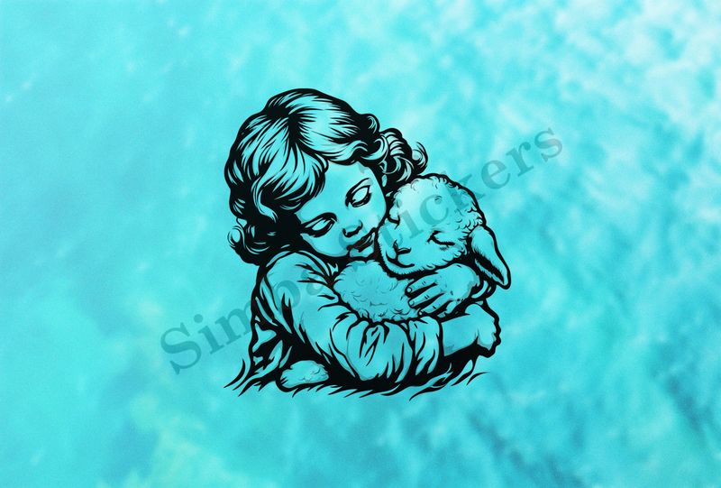 Small lamb cheek-to-cheek with girl , outline art