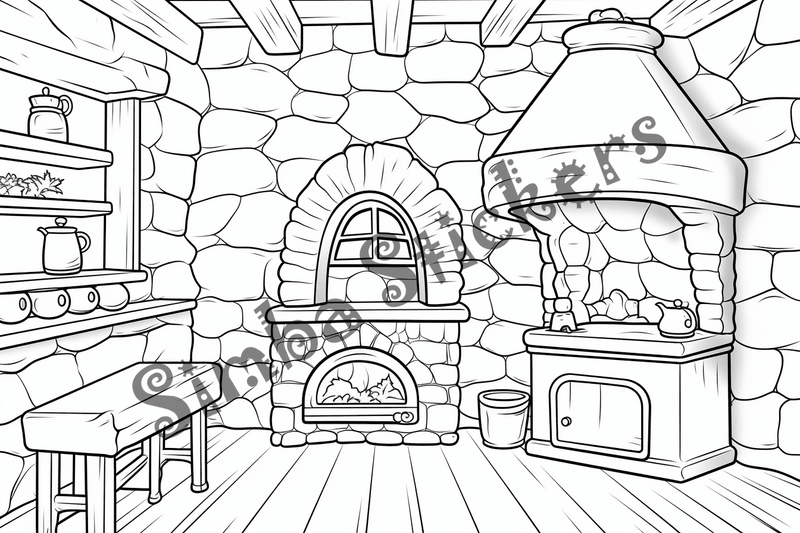 Colouring pages, bundle of house kitchens with stone ovens, 10 images