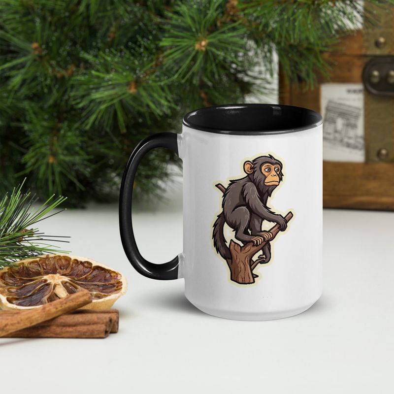 White Ceramic Mug with Color Inside, 11oz &amp; 15oz, Baboon on a tree, looking sad, head-to-head