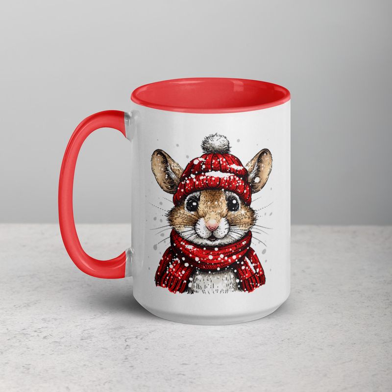 White Ceramic Mug with Color Inside, 11&amp;15oz, Mouse wearing red winter hat and scarf in snow, xg8dl3