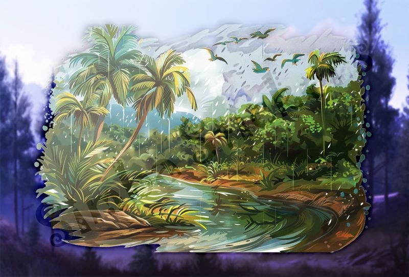Equatorial Rainforest under the rain, with flowing river