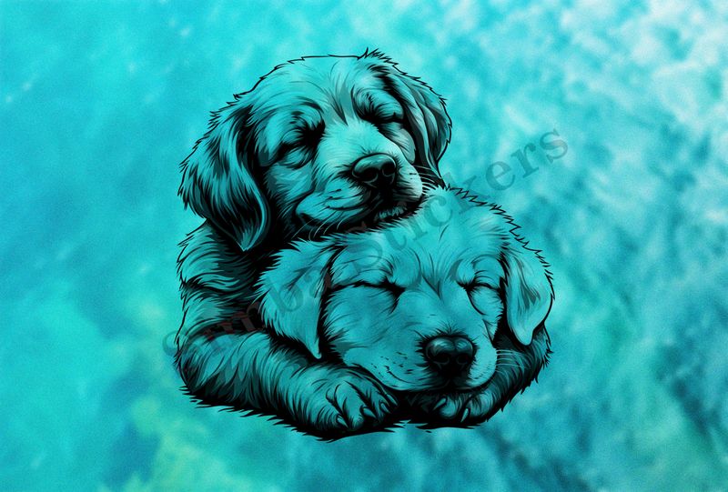 Dog, one light and one dark, cuddling, outline art