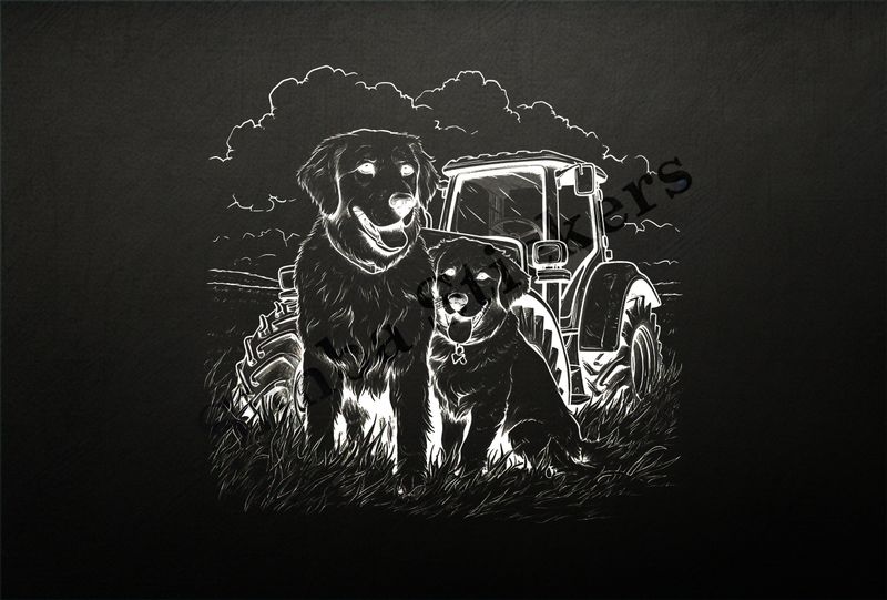 Dogs in love in front of a tractor, outline art, ys4y4f