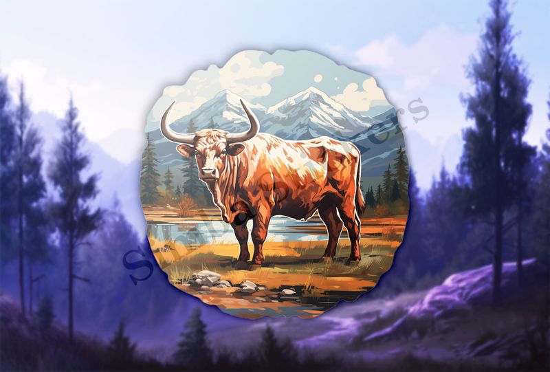 Bull grazing, mountains in background, oil painting