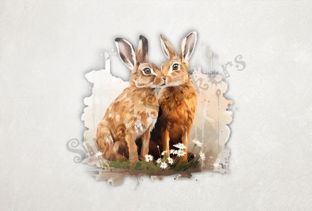 Hares nose-to-nose in lily flowers
