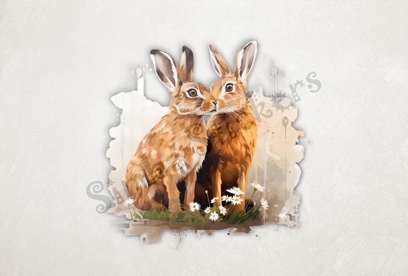 Hares nose-to-nose in lily flowers