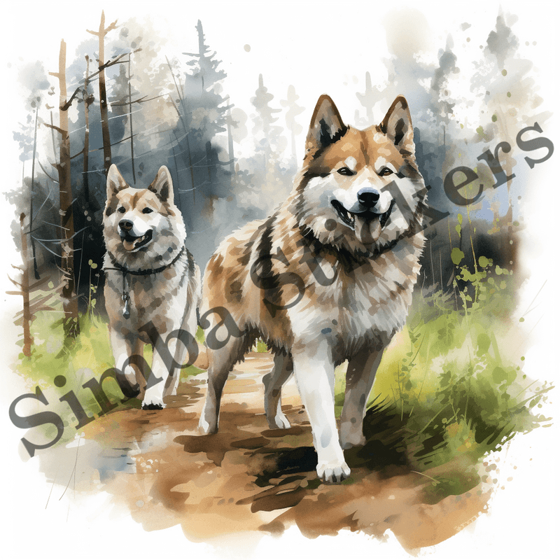 Akita dogs, watercolour, image set, 10 images