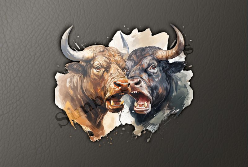 Bulls facing up to each other, watercolour, dx5eff