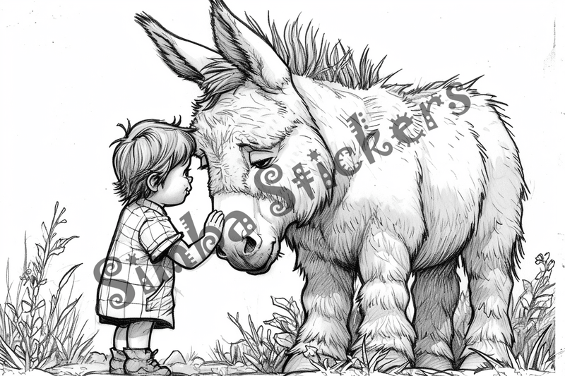 Colouring pages, bundle of donkeys with children, 10 images