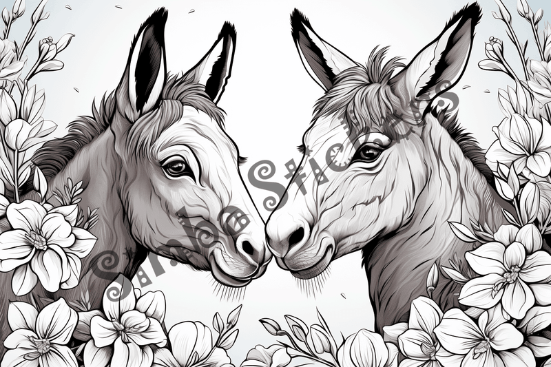Colouring pages, bundle of donkeys with children, 25 images