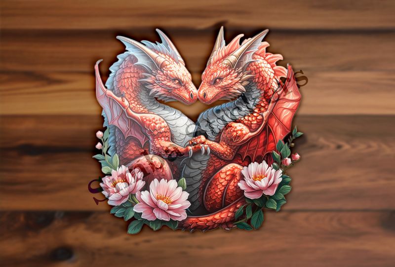 Red dragons in love, pink flowers, watercolour