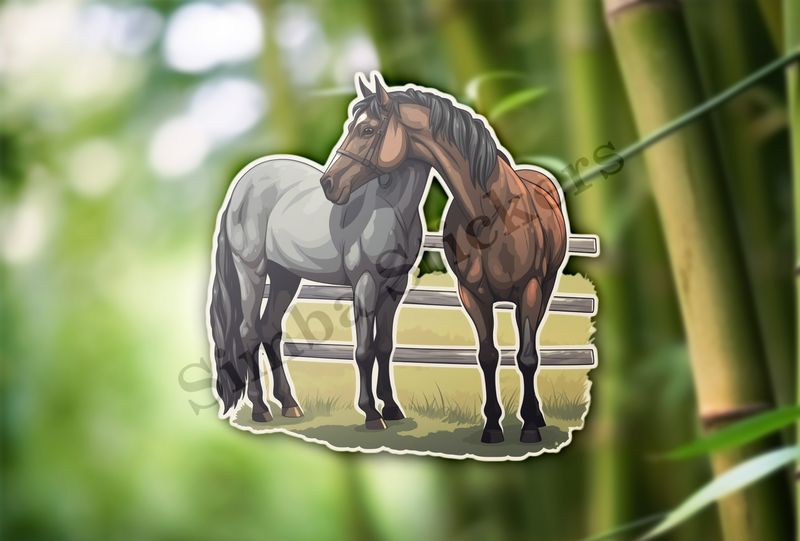 Two horses, one brown, one grey, scratching each others&#x27; backs