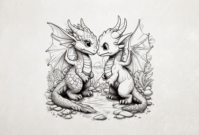 Baby dragons nose-to-nose in love, outline art