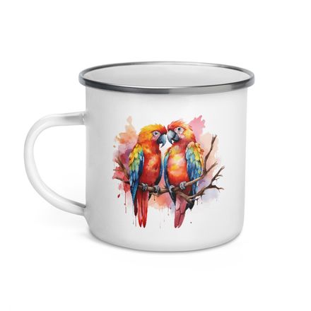 Enamel Mug, Parrots in love perching nose-to-nose in pinkish background, watercolour, cpi3i9