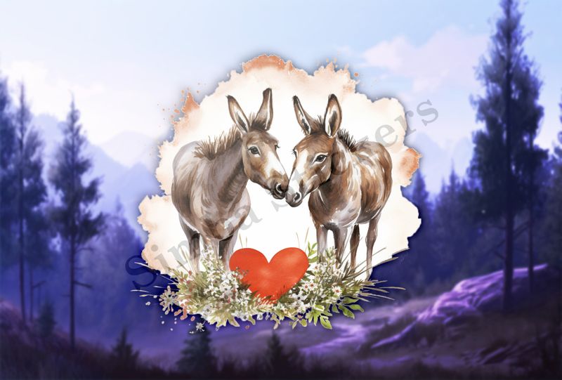 Donkeys in love, big heart in front, watercolour