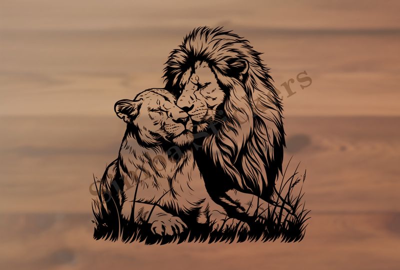 Lion leaning into cuddling lioness,  outline art