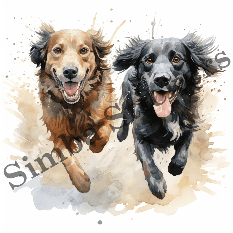 Dogs running, chasing each other, watercolour, image set, 10 images