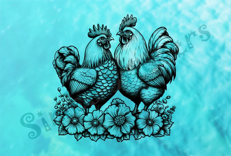 Hen and rooster chicken in love, over flowers