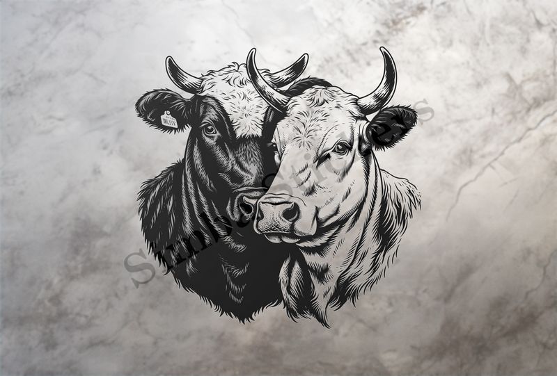 Cattle, one white, one black, cheek-to-cheek, heart in picture, outline art