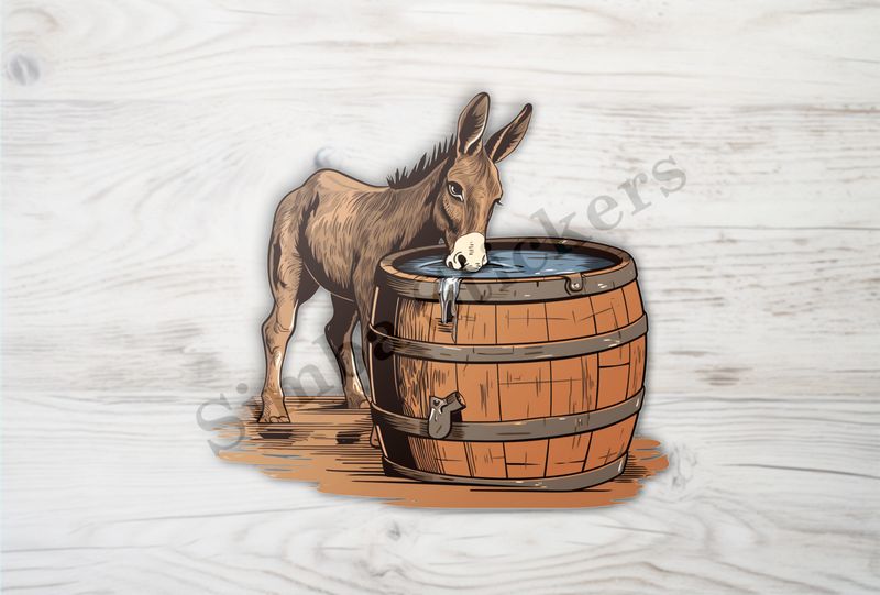 Donkey drinking water from large wooden barrel