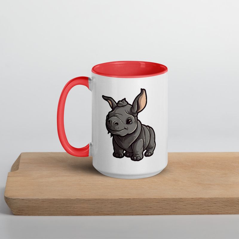 White Ceramic Mug with Color Inside, 11oz &amp; 15oz, Black rhino calf looking cute 
