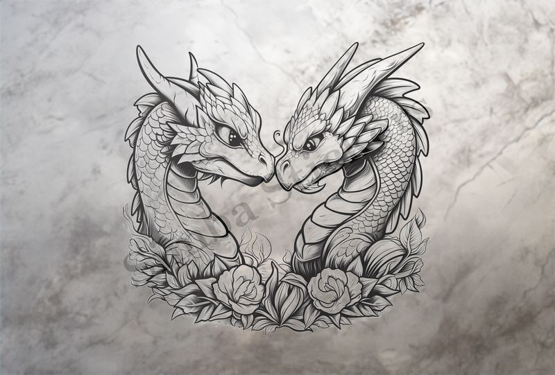 Baby dragons nose-to-nose in love,  wrapped in flowers, outline art