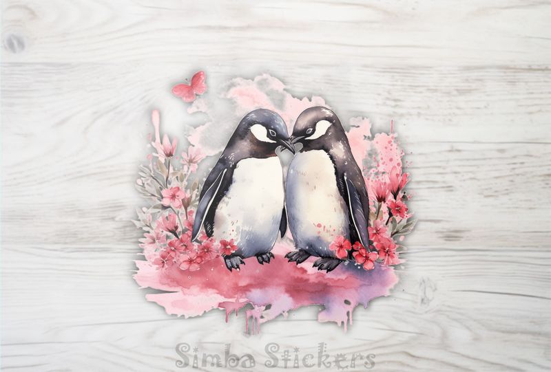 Penguins in love beak-to-beak in romantic colours, watercolour, tg8437k