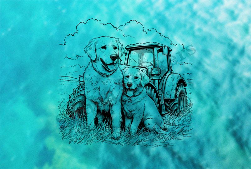 Dogs in love in front of a tractor, outline art, ys4y4f