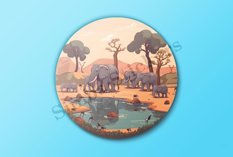 African elephant with calves at a pond in the Savanna