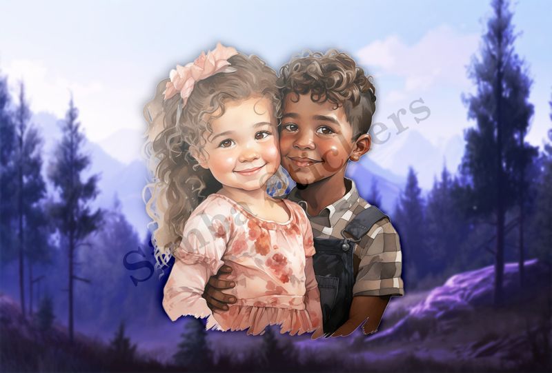 Girl and boy, cheek-to-cheek, hand on hips