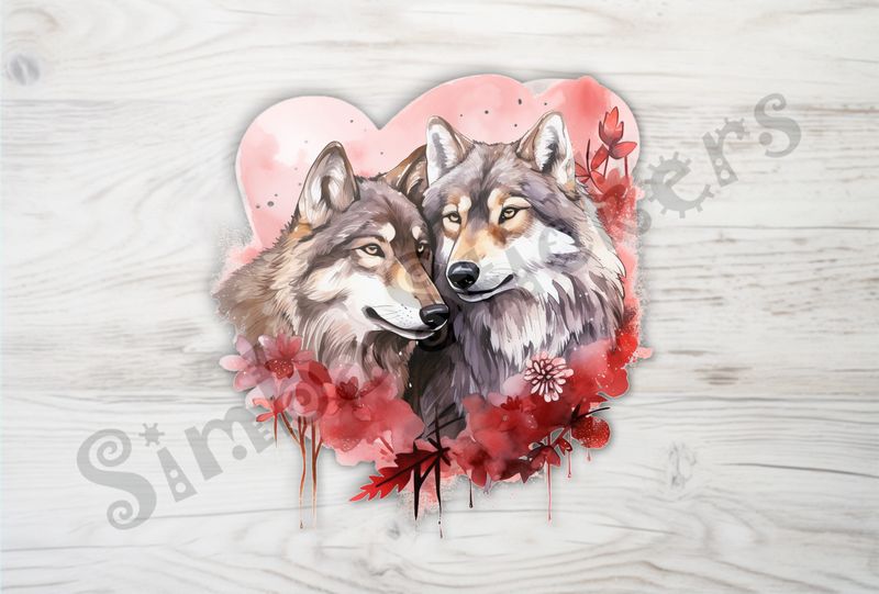 Wolves in love, in flowery heart shape