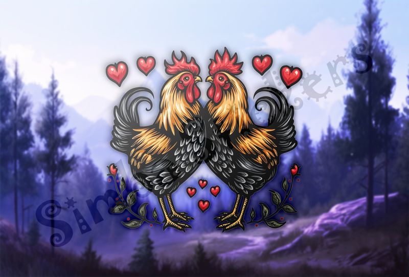 Hen and rooster chicken in love