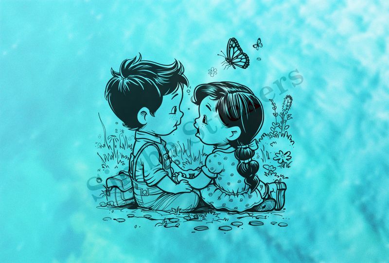 Boy and girl sitting holding hands, outline art