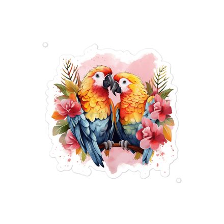 Sticker 4x4, Parrots in love among flowers in pinkish background, watercolour, nvcywh