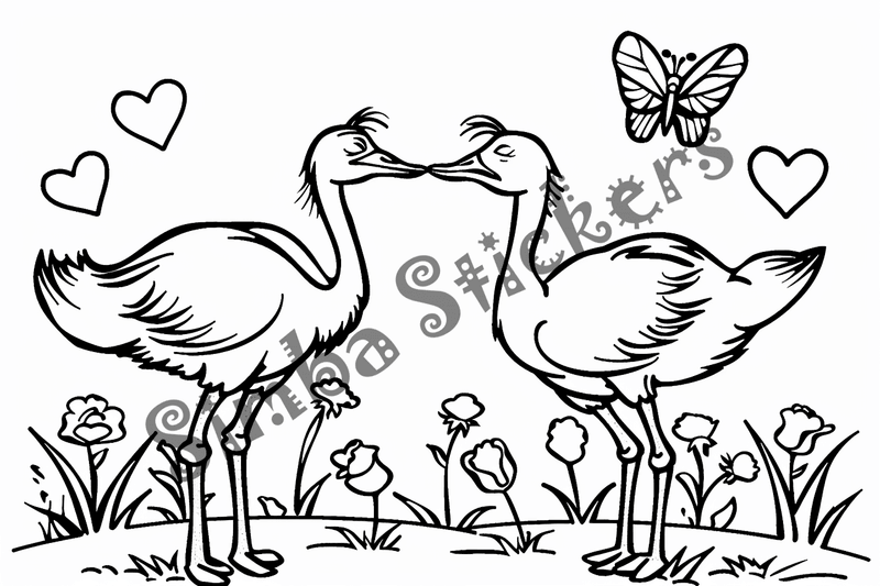 Colouring pages, bundle of ostriches in love, 10 images
