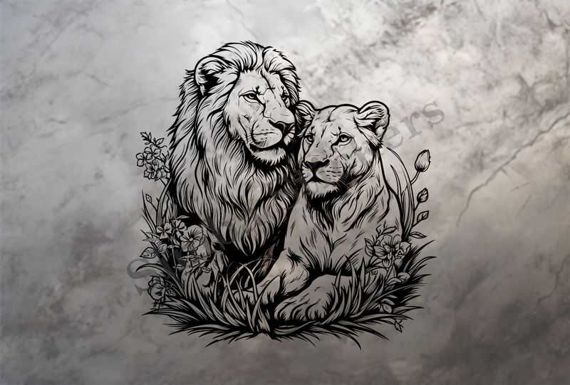 Lion with lioness, in the midst of flowers , outline art