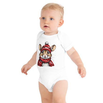 Baby Short Sleeve One Piece, 3-24 Months, Mouse wearing red winter hat and scarf in the snow, xg8dl3