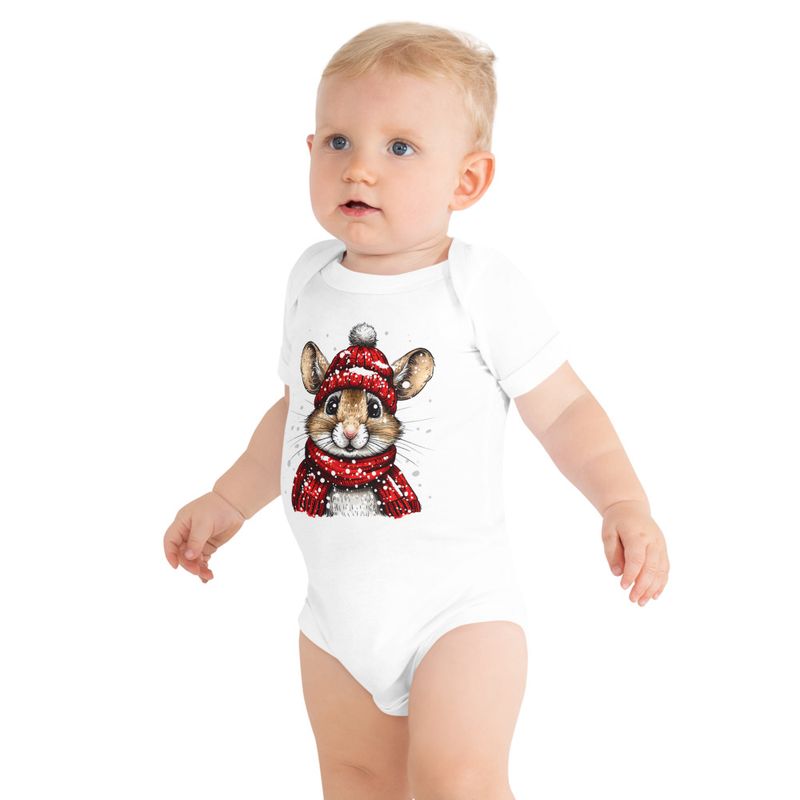 Baby Short Sleeve One Piece, 3-24 Months, Mouse wearing red winter hat and scarf in the snow, xg8dl3