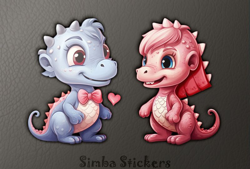 Blue and pink baby dinosaurs in love