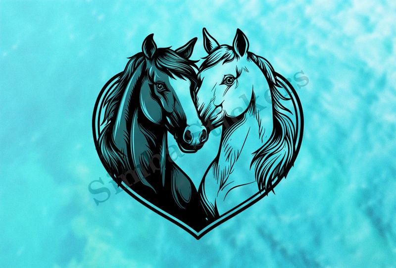 Horses in love, bust in heart frame, outline art