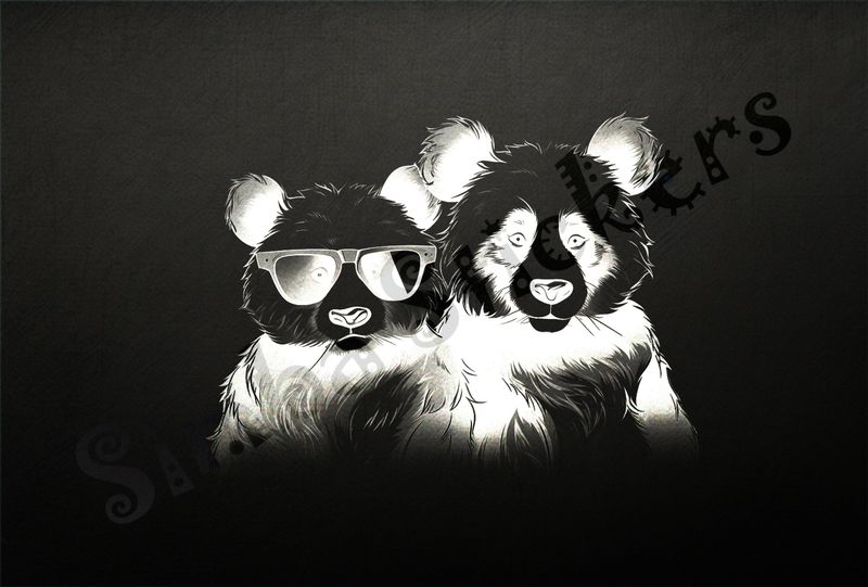 Two cool panda bear, one in sunglasses, outline art, bmygoc