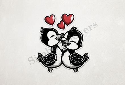 Ducklings in love, romantic hearts above them, outline art