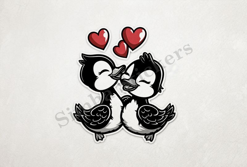 Ducklings in love, romantic hearts above them, outline art