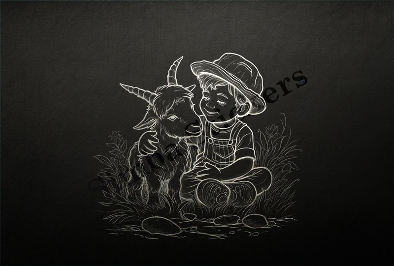 Goat kid with horns hugged by boy, outline art