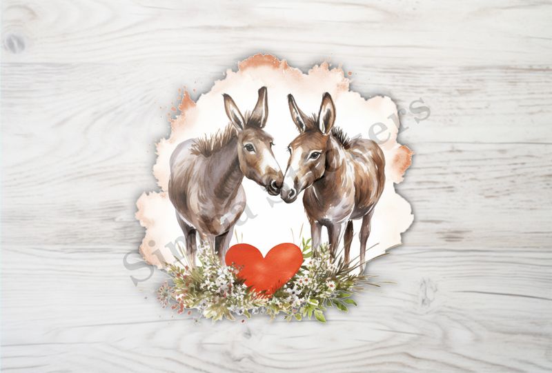 Donkeys in love, big heart in front, watercolour